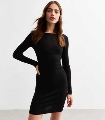 Black Ribbed Long Sleeved Mini Dress