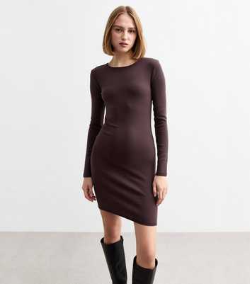 Dark Brown Ribbed Long Sleeved Mini Dress