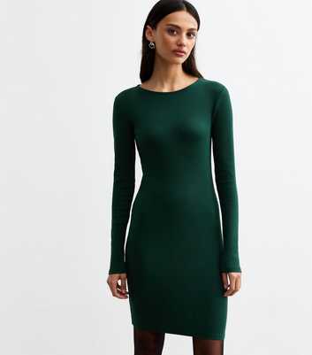 Green Crew Neck Ribbed Mini Dress