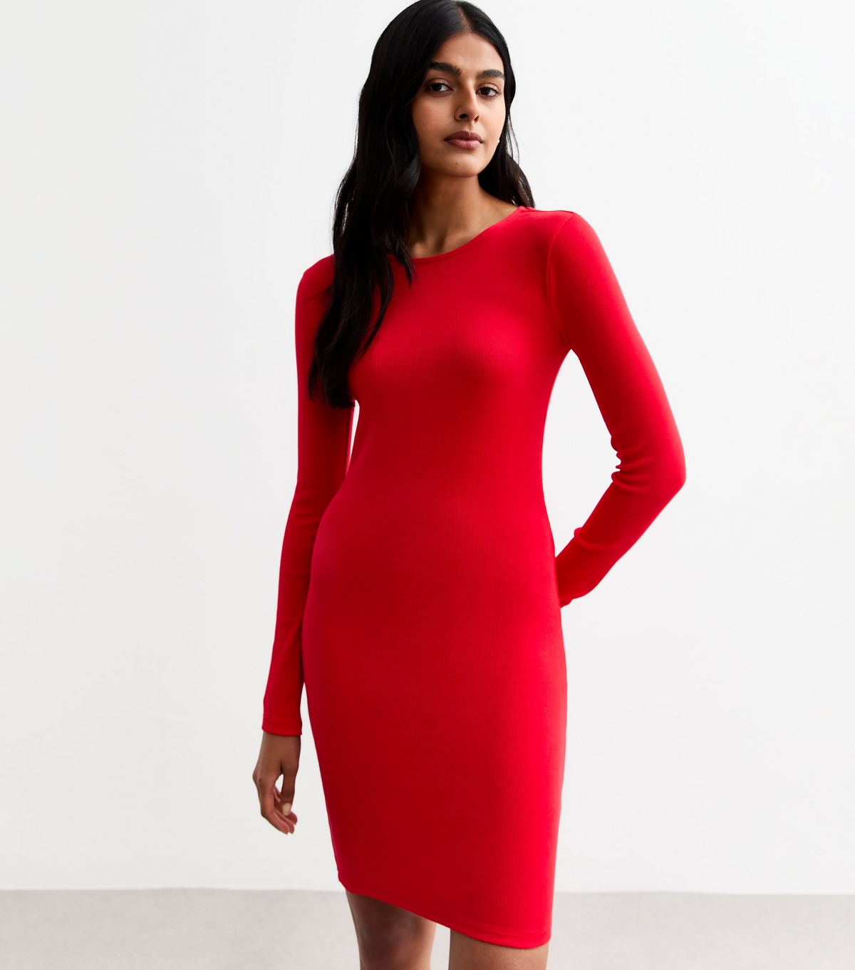 Women's Red Ribbed Long Sleeved Mini Dress New Look