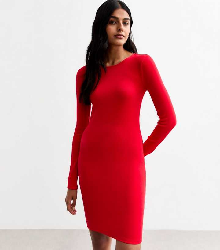 Red Ribbed Long Sleeved Mini Dress | New Look