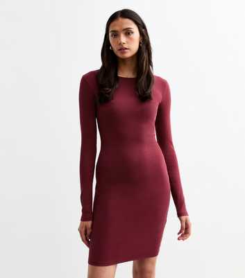 Tall Burgundy Ribbed Long Sleeve Mini Dress