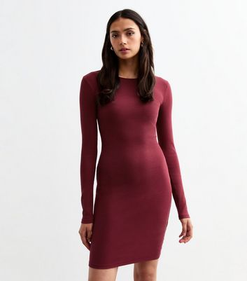 Tall Burgundy Ribbed Long Sleeve Mini Dress New Look