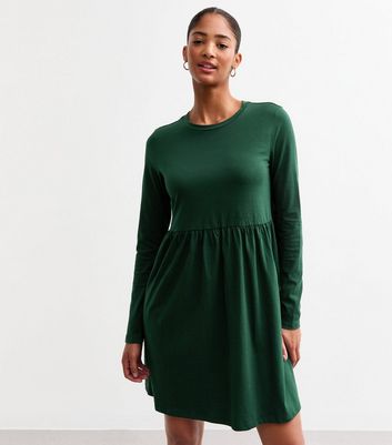 Dark Green Long Sleeve Smock Mini Dress New Look