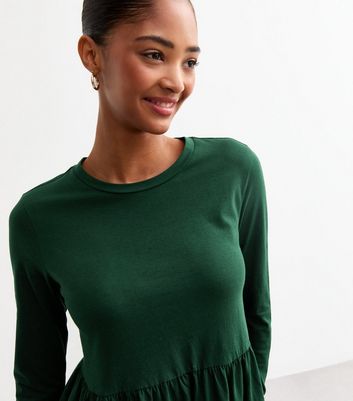 Dark Green Long Sleeve Smock Mini Dress New Look