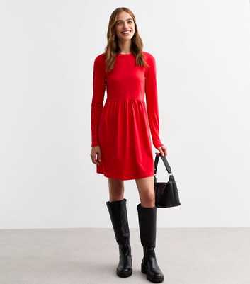 Red Long Sleeve Smock Mini Dress