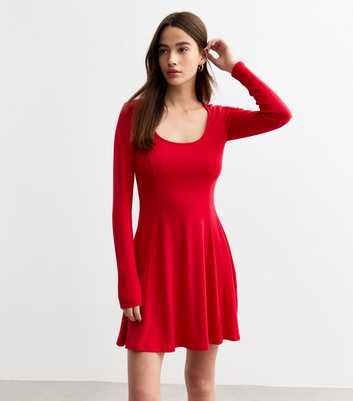 Red Seam Front Scoop Neck Mini Skater Dress