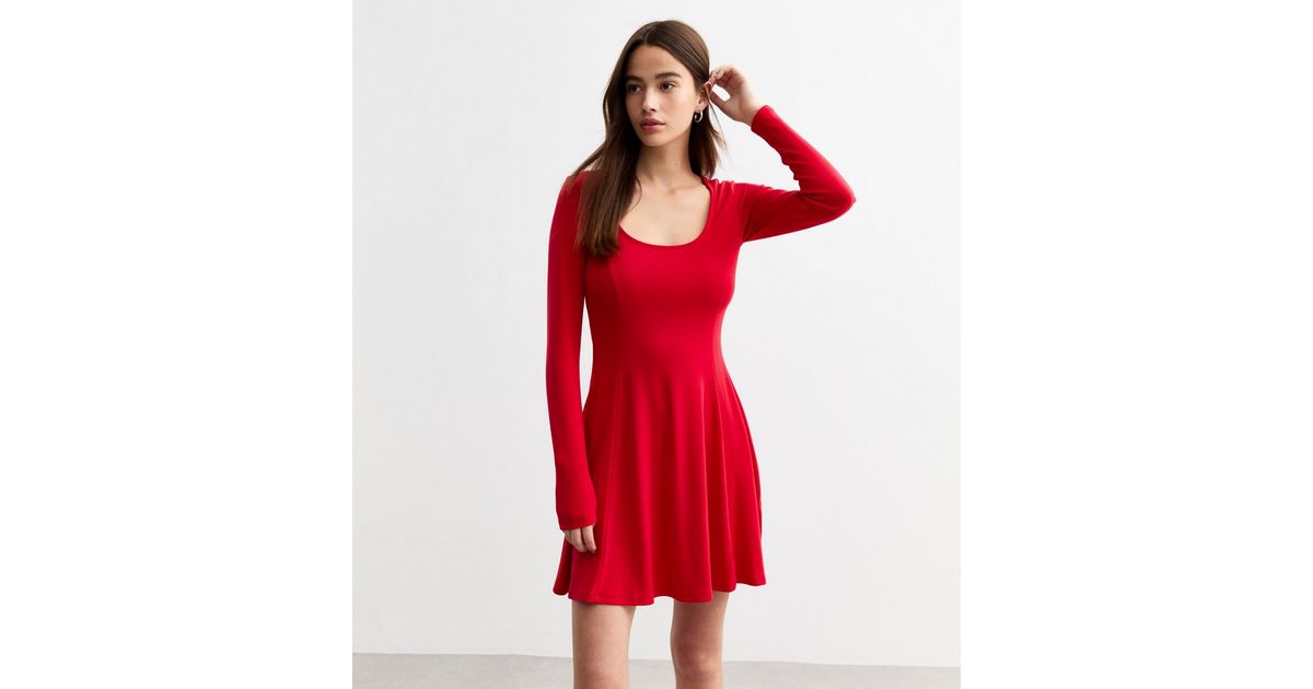 Red Seam Front Scoop Neck Mini Skater Dress New Look