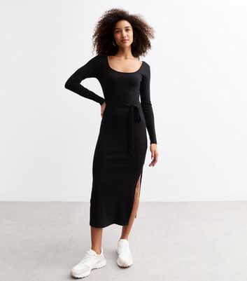 Black Scoop Neck Ribbed Belted Midi Dress