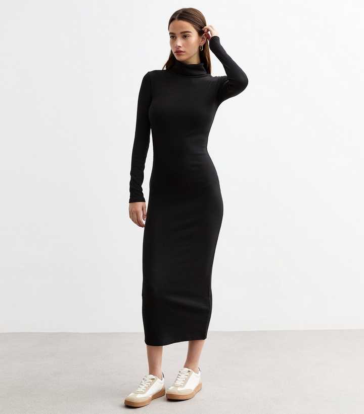 jumbo rib roll neck midi dress Black Ribbed Roll Neck Midi Dress
