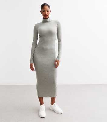 Grey Ribbed Roll Neck Midi Dress