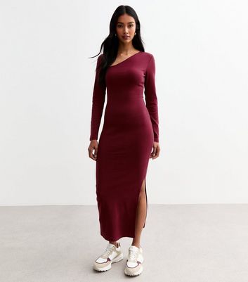 Burgundy Asymmetric Neck Bodycon Long Sleeve Dress New Look