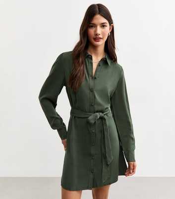 Khaki Green Belted Shirt Mini Dress