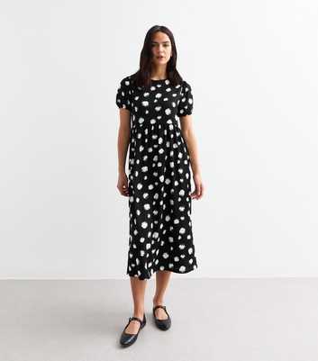 Black Polka Dot Puff Sleeve Midi Dress