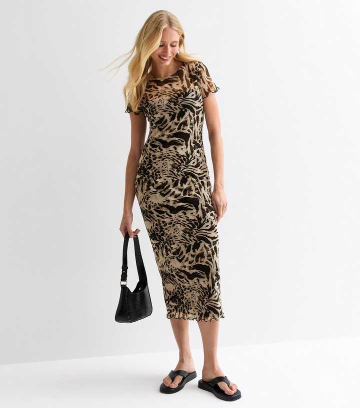 Black Abstract-Print Mesh Midi Dress | New Look