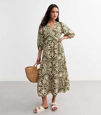 Green Tile Pattern Wrap Front Midi Dress