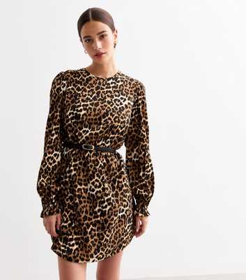 Brown Leopard Print Belted Long Sleeve Mini Dress