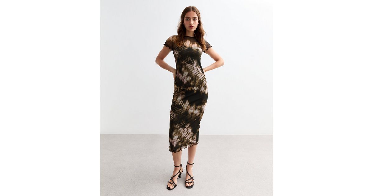 Plus Size Abstract Print Long Sleeve Mesh Midi Dress