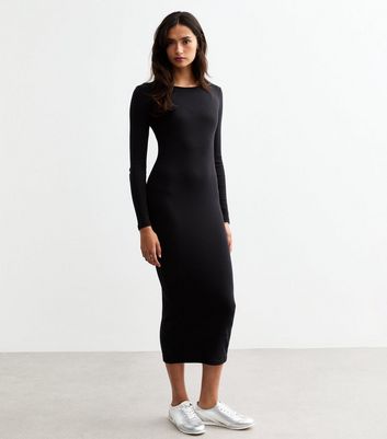 Tall Black Ribbed Jersey Long Sleeve Midi Dress New Look