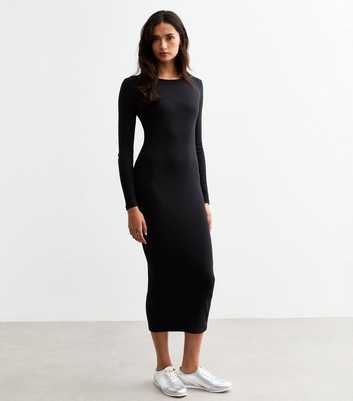 Tall Black Ribbed Jersey Long Sleeve Midi Dress