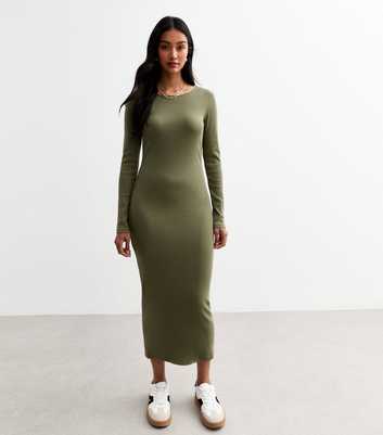 Khaki Crew Neck Bodycon Midi Dress