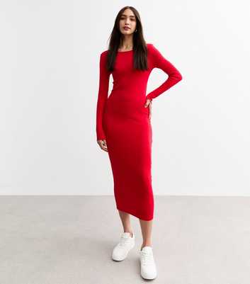 Red Crew Neck Bodycon Midi Dress