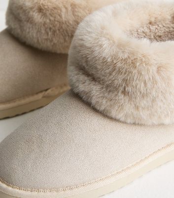 Off White Suedette Faux Fur Trim Slipper Boots New Look