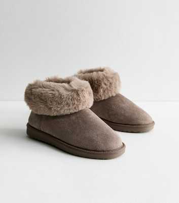 Brown Suedette Faux Fur Trim Slipper Boots