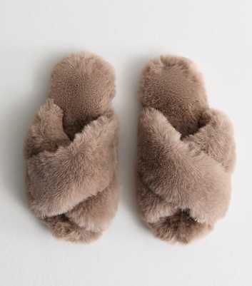 Brown Crossover Faux Fur Mule Slippers