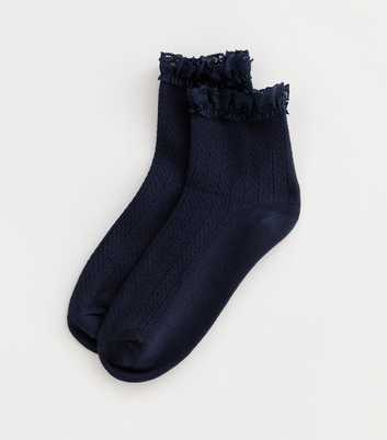 Navy Lace Trim Cable Frill Socks