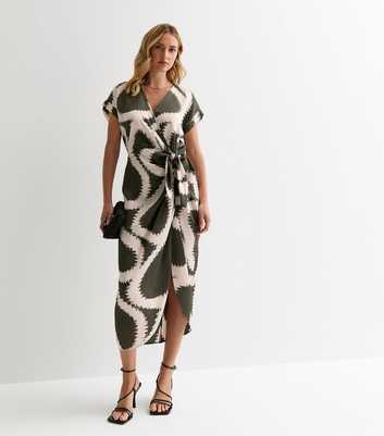 Khaki Abstract-Print V-Neck Wrap-Front Midi Dress