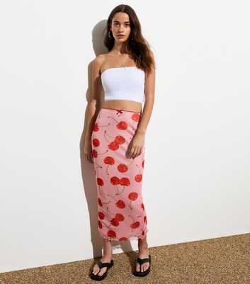 Pink Cherry Print Mesh Midi Skirt 