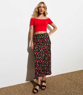 Black Cherry Print Mesh Midi Skirt