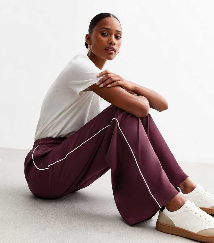 Burgundy Side Stripe Satin Wide Leg Trousers