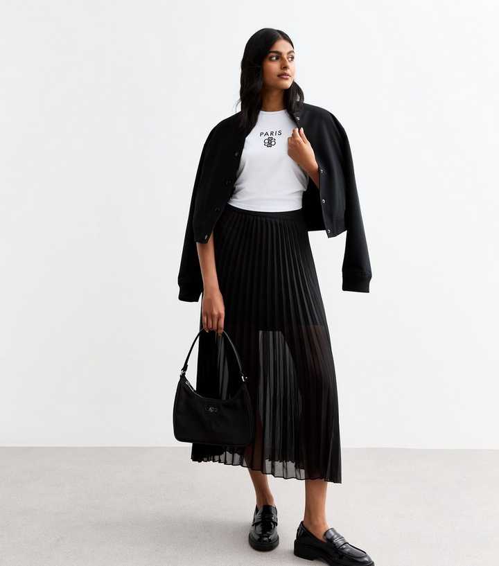 Black Pleated Chiffon Midi Skirt