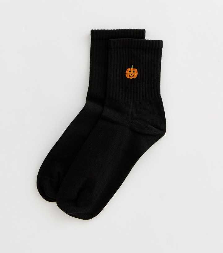Black Pumpkin Embroidered Halloween Tube Socks