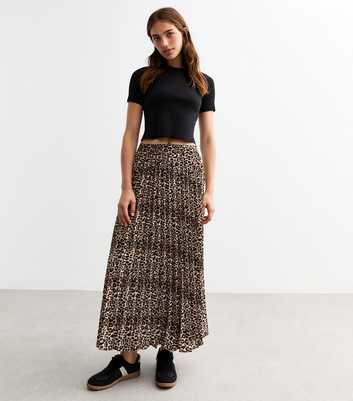 Brown Leopard Print Pleated Midi Skirt