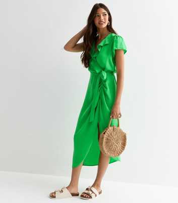 Green Wrap-Front Frill-Trim Belted Midi Dress