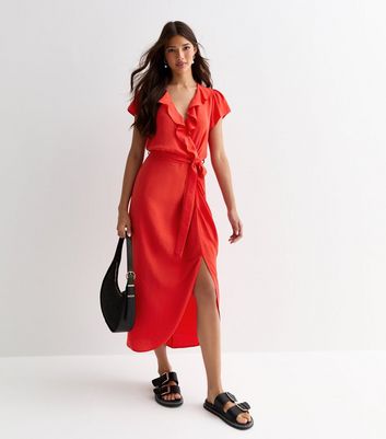 Red Wrap-Front Frill-Trim Belted Midi Dress New Look