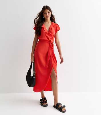 Red Wrap-Front Frill-Trim Belted Midi Dress