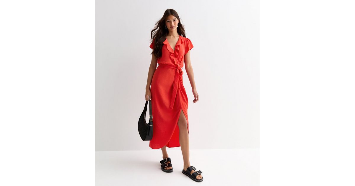 Red Wrap-Front Frill-Trim Belted Midi Dress | New Look