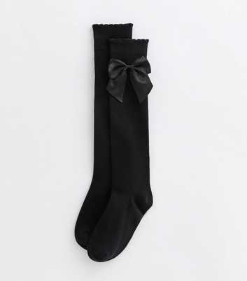 Black Cotton-Blend Knit Satin-Bow Knee-High Socks