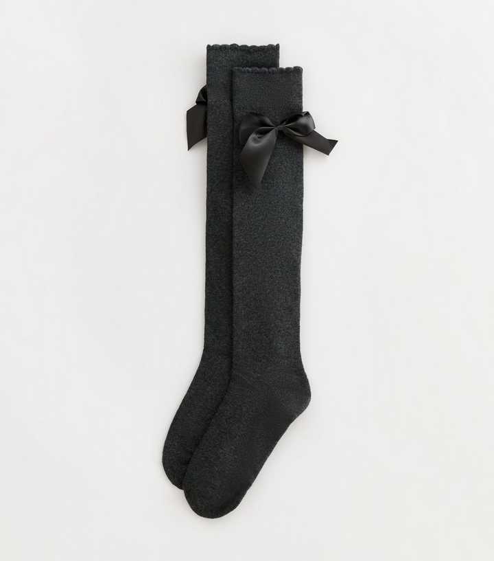 Grey Cotton-Blend Knit Satin-Bow Knee-High Socks