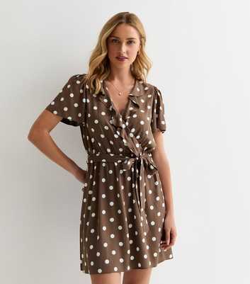 Brown Polka-Dot Wrap-Front Mini Dress