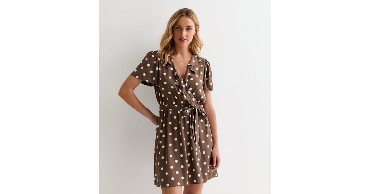 Women Brown Polka Dot Wrap Top With Flared Pants
