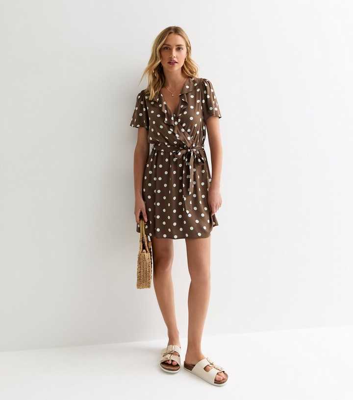 new look brown polka dot dress Polka-Dot Wrap-Front Mini 130cm/51.2 Machine washable mid Sexy Backless Halter Dress Color:Black Knit Rib