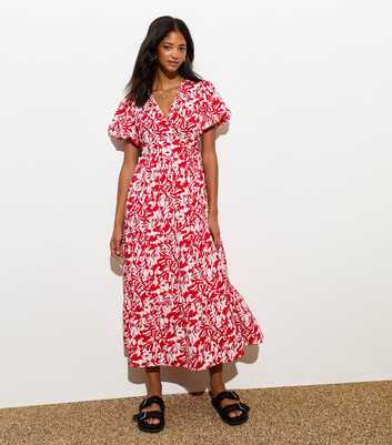 Red Floral Print Wrap Midi Dress