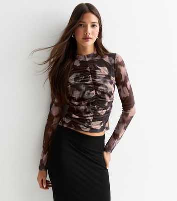 Grey Abstract Print Ruched Long Sleeved Top