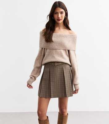 Brown Check Belted Box Pleat Mini Skirt