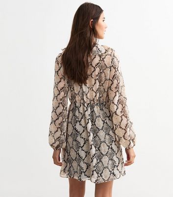 Brown Snake Print Ruffle Long Sleeve Mini Dress New Look